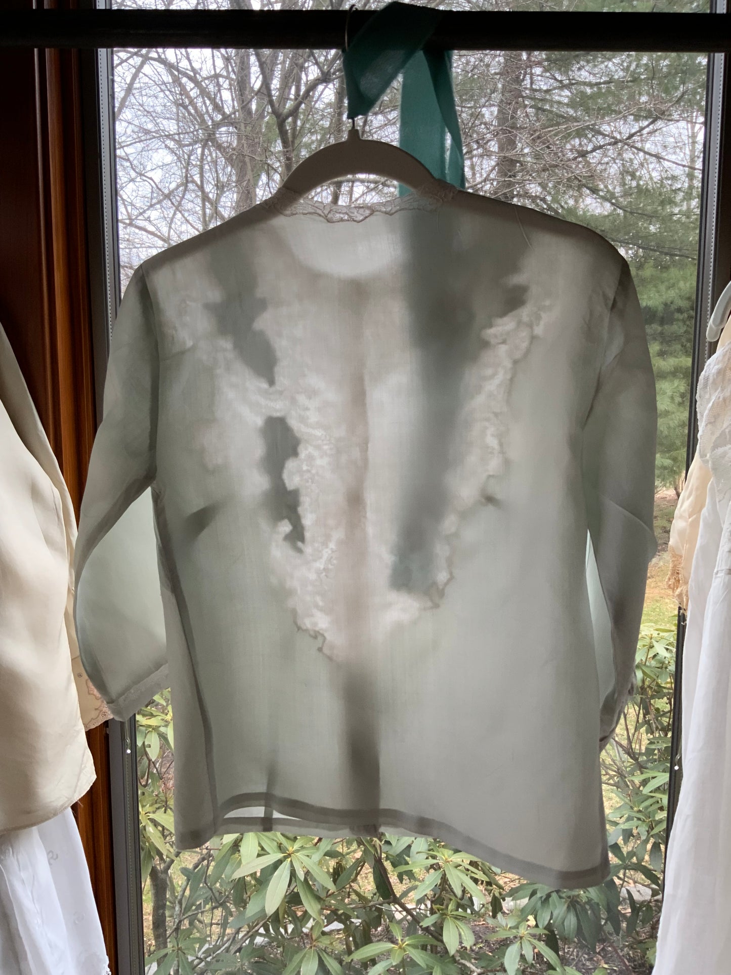 1940s Silk Satin Blouse with Lace Appliqué | Mint Green | Edwardian Revival-40AT