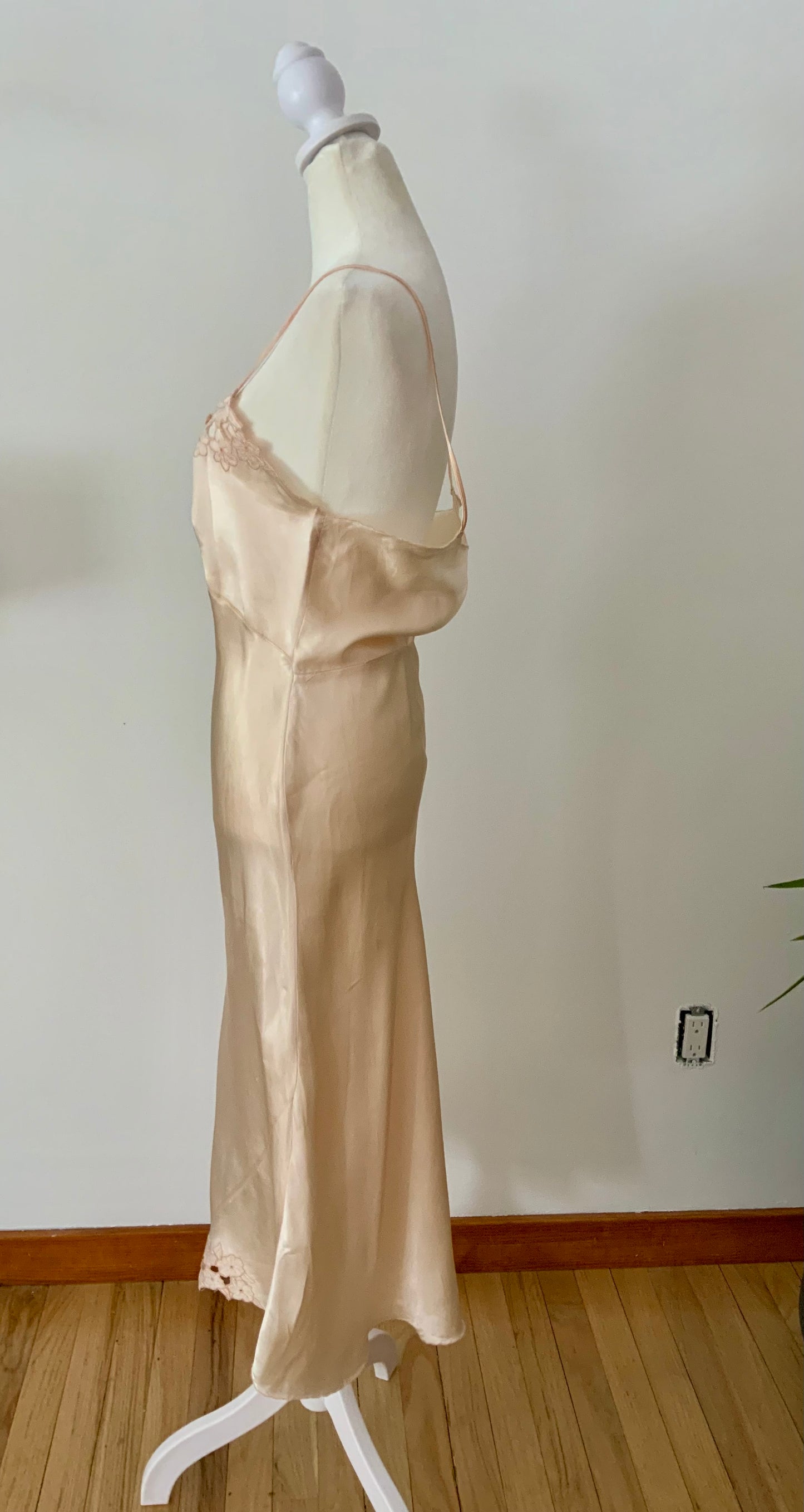 1930s Silk Satin Bias Cut Slip Dress with Floral Lace | Champagne Vintage Lingerie Gown-30BC