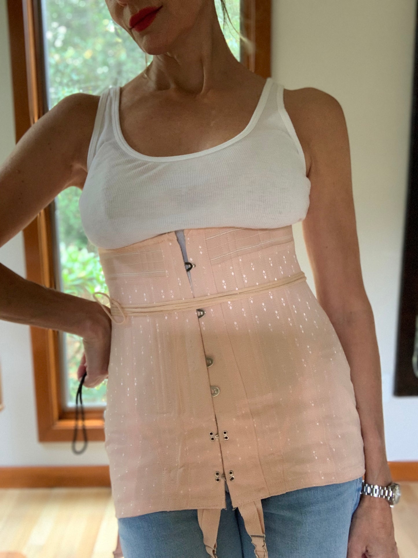 Rare 1920s Rengo Crown Corset Co. Corset Girdle | Pink Cotton & Rayon with Lace Back | Excellent Condition - 20AO