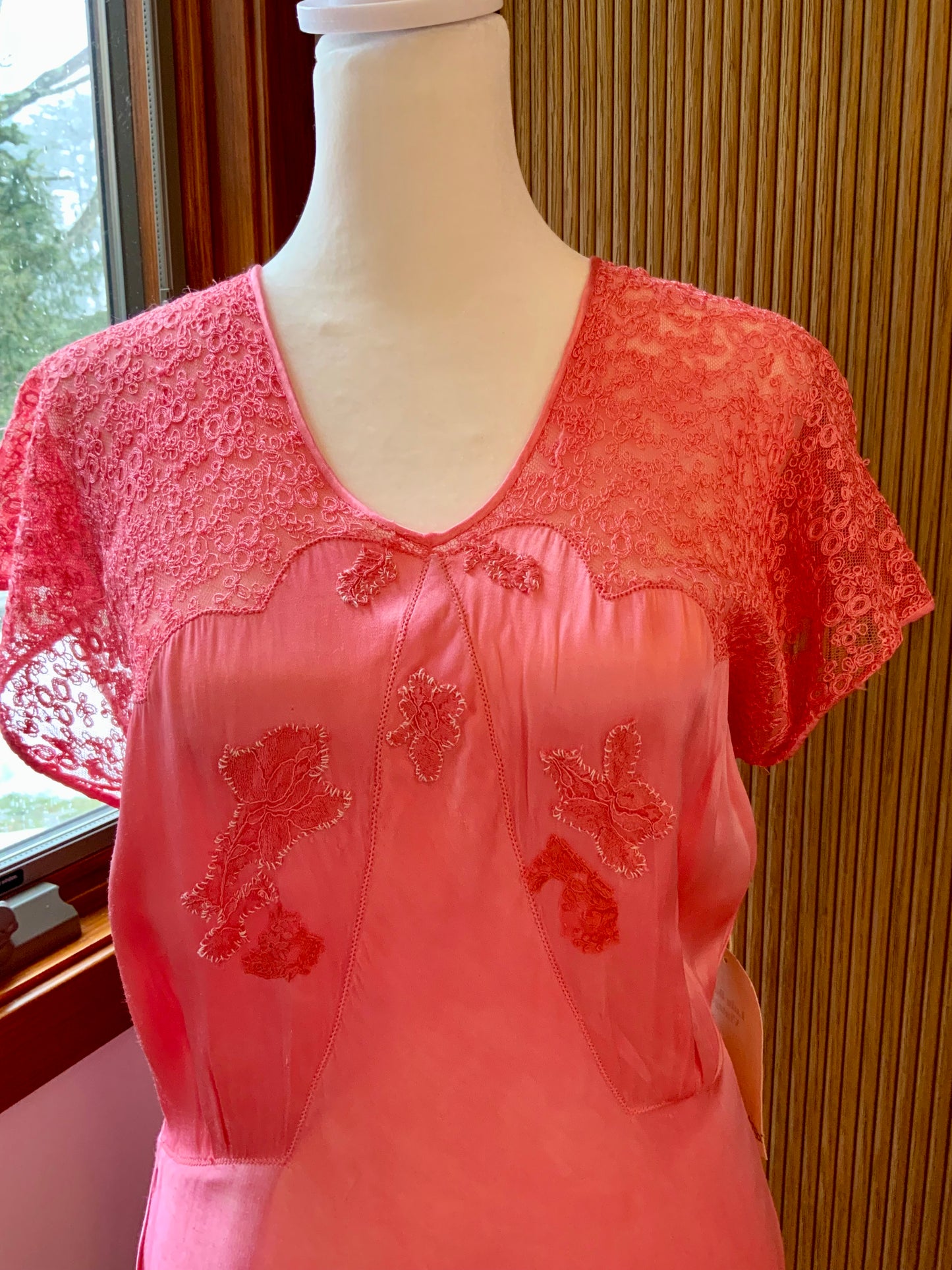 1970s Hand Dyed Coral Satin Gown | 1940s Inspired Lace Cap Sleeve Maxi Dress | Vintage Pink Bias Evening Dress
 - 50AG