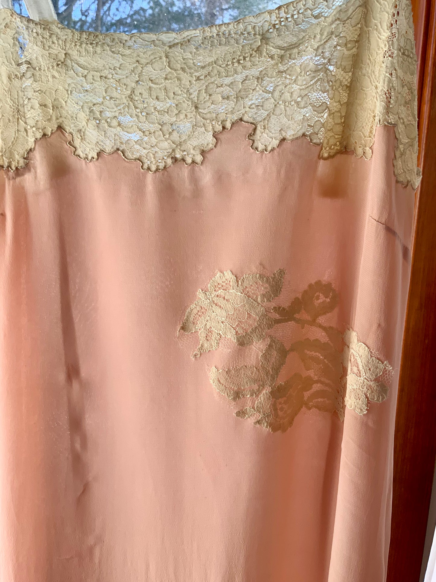 1940s Peach Silk Slip Dress with Antique Lace Appliqué — Pure Silk Boudoir Nightgown-40AU