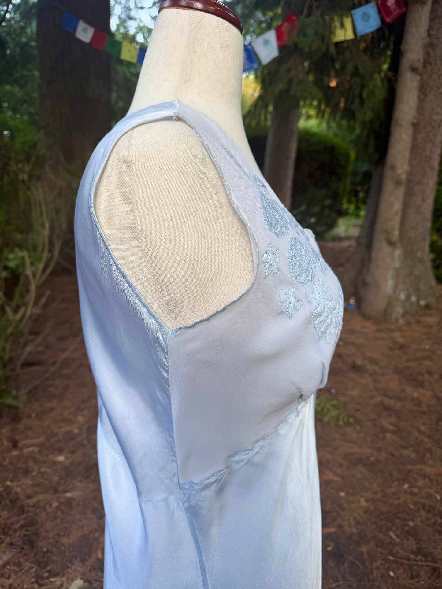 1930s Powder Blue Silk Satin Slip Dress | Embroidered Illusion Mesh Bodice |Large
-30BV
