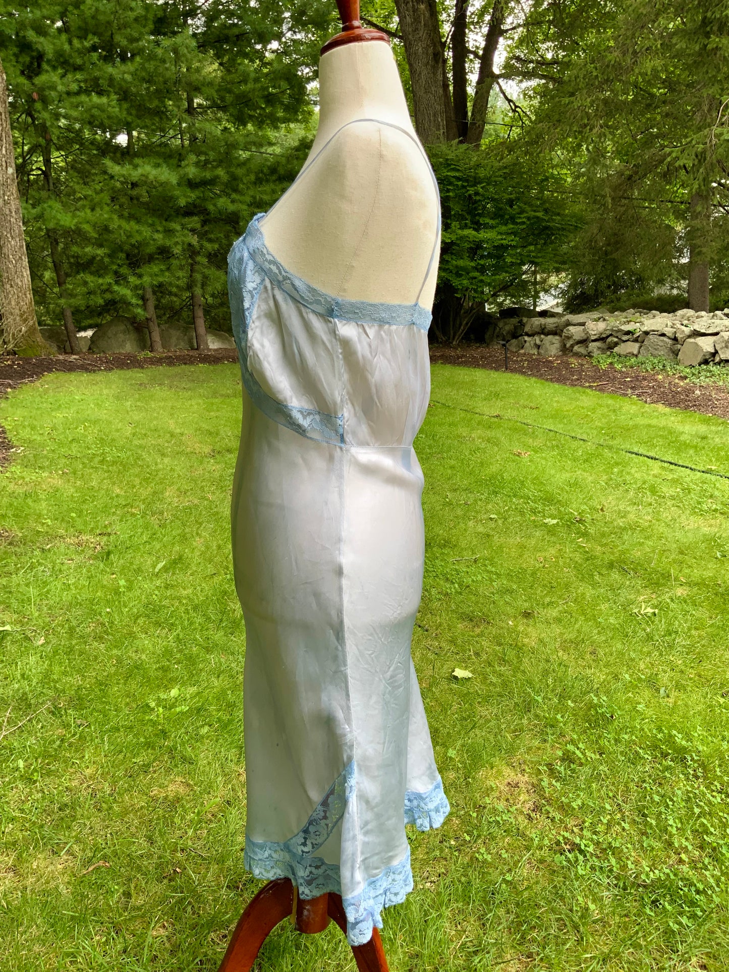 1930s Hand-Dyed Ice Blue Satin and Lace Bias-Cut Full Slip.50BA