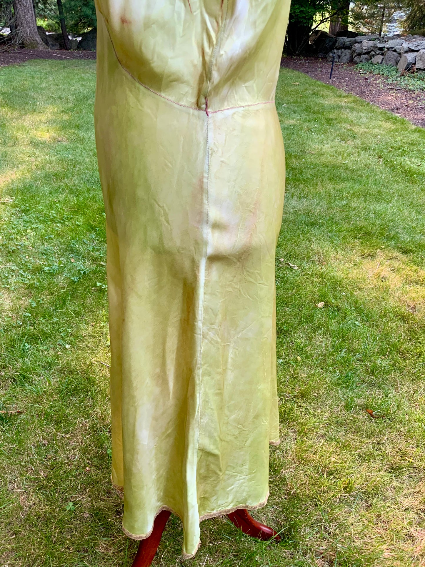 1930s Hand Dyed     Botanical Inspired Hand Dyed Silk Slip Dress. One of a Kind Woodland Fairy Bias Cut Gown.30BZ