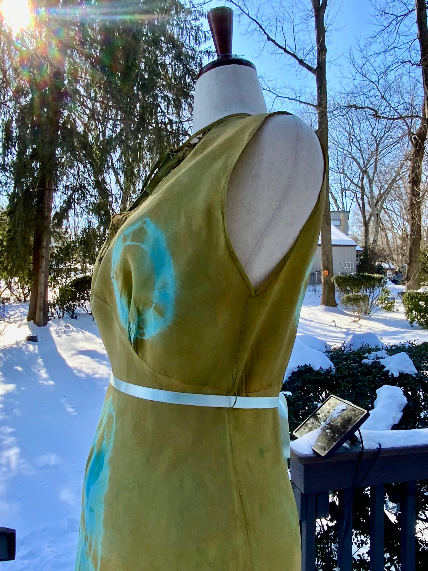 (Copy) Hand-Dyed Vintage Silk Dress – Olive & Aqua Patina | One of a Kind Atelier Piece (1930s–40s)-40B6