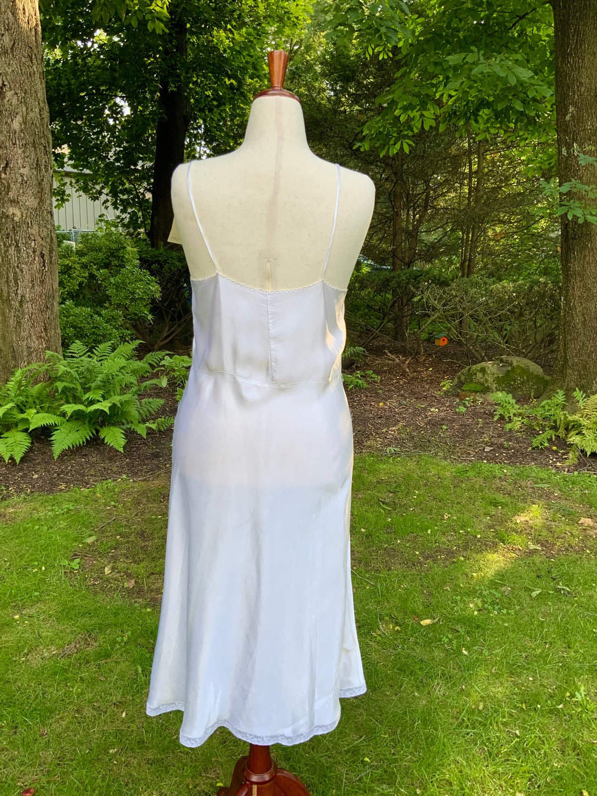 1930s White Satin Bias Cut Slip Dress with Floral Lace .40BT