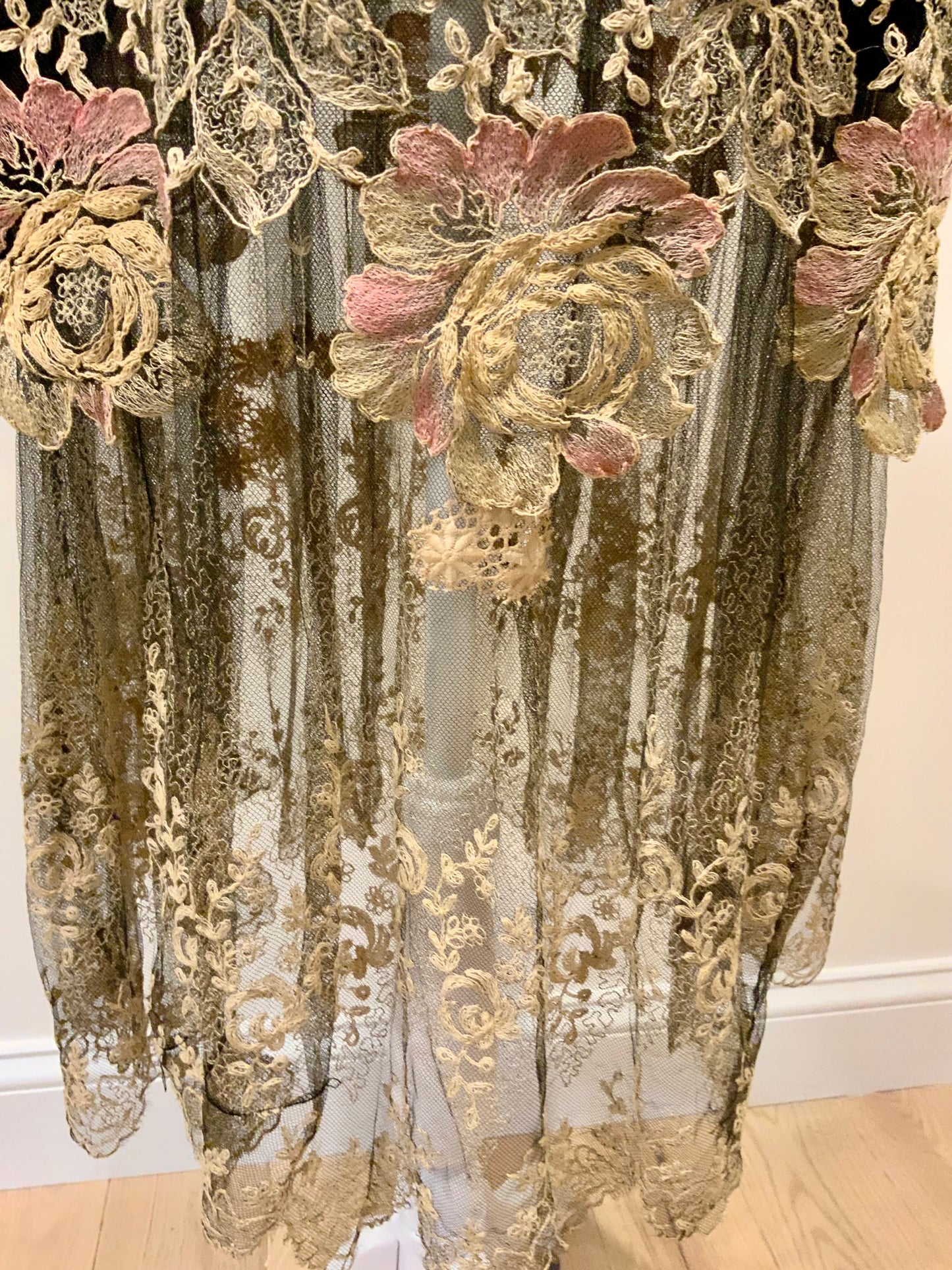 Rare 1920s French Lace Dress. Black Net & Pink Floral Embroidery. Restored Antique Flapper Dress.20AT.