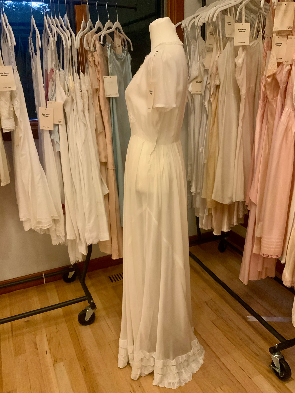 Antique Ivory Chiffon Gown with Ruffled Hem and Lace Appliqué.20ARR