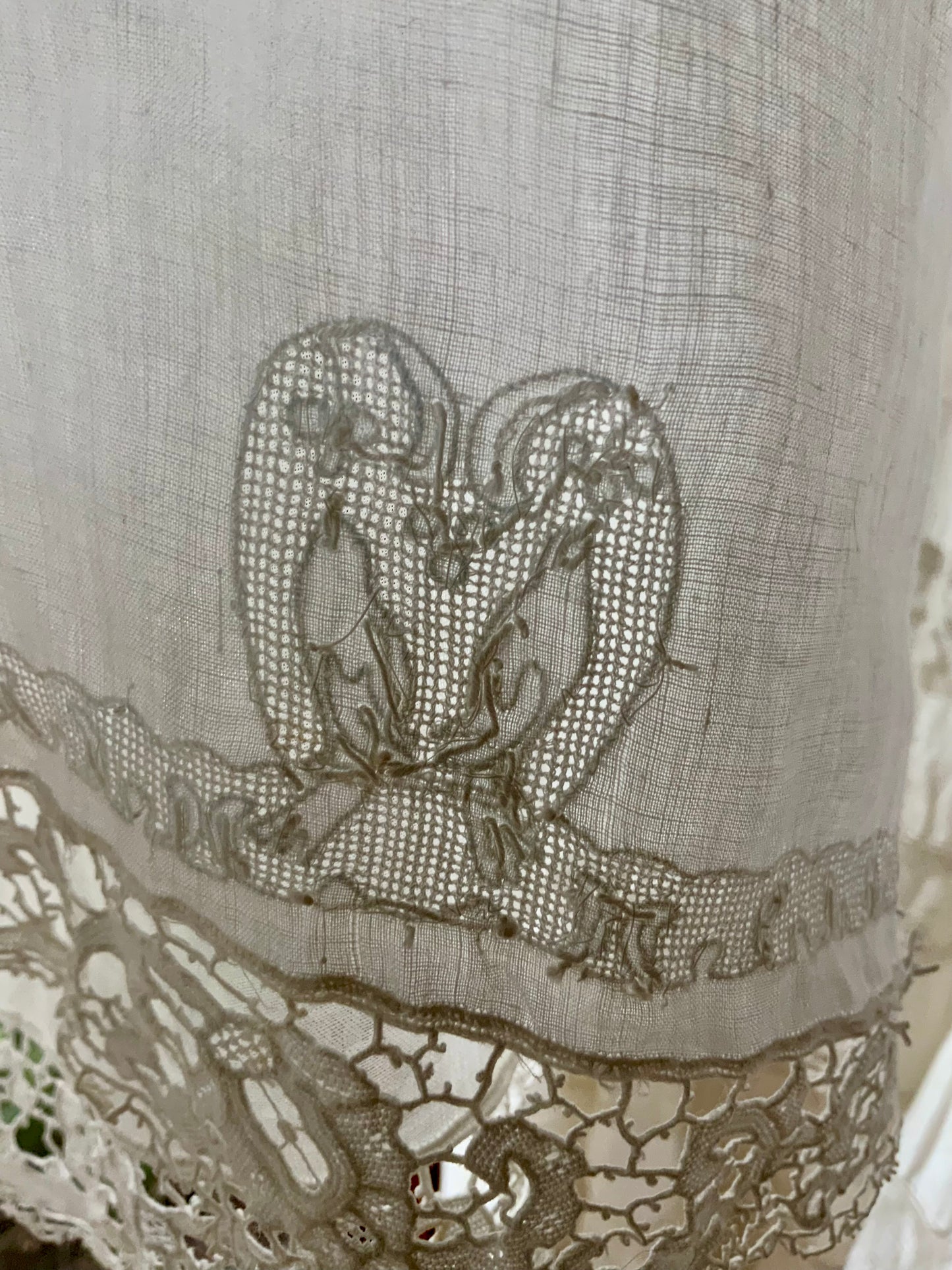 Antique Edwardian Split Bloomers with Hand Embroidered Birds & Monogram – Lace Trim Cotton Batiste Drawers c.1905–1915