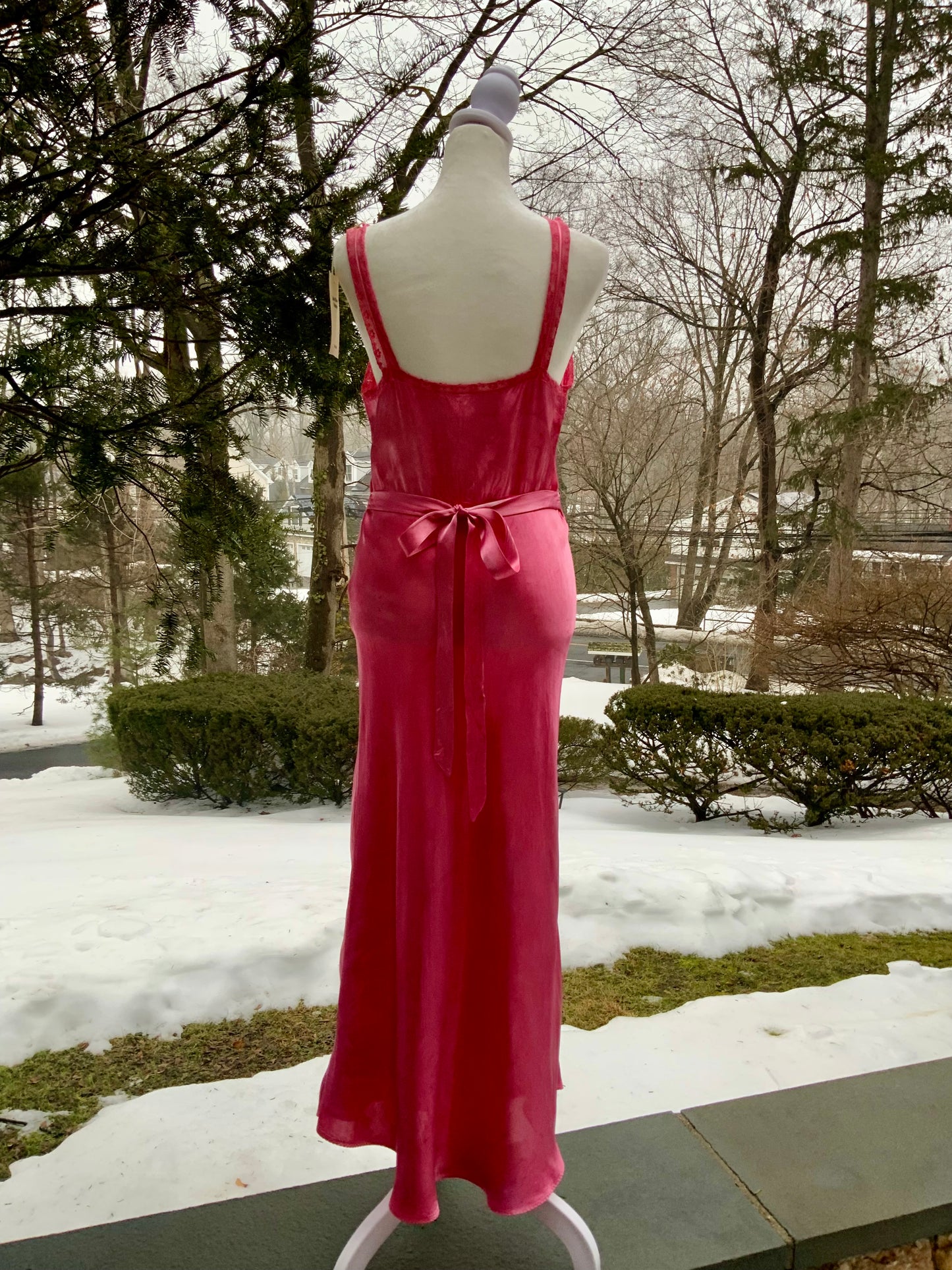 Authentic 1930s 1940s Bias Cut Satin Nightgown | Hand Dyed Coral Pink | Original Belt | Vintage Dress - 40AB