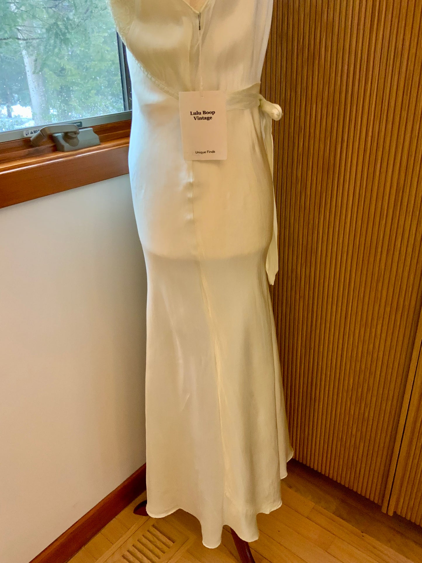 1970s Hand Dyed Bias Cut Satin Gown | 1940s Inspired Lace Bodice Maxi Dress | Pale Celadon Vintage Slip Dress- 40V