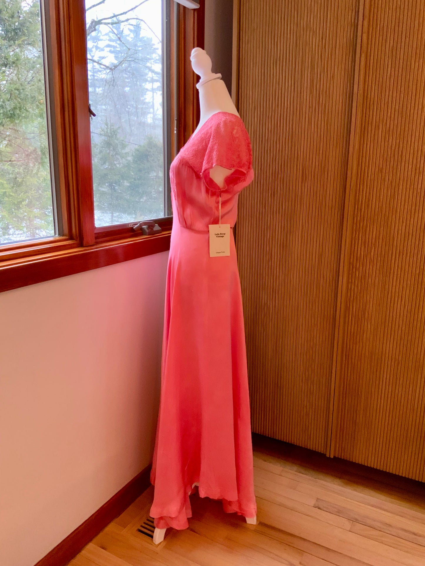 1970s Hand Dyed Coral Satin Gown | 1940s Inspired Lace Cap Sleeve Maxi Dress | Vintage Pink Bias Evening Dress
 - 50AG