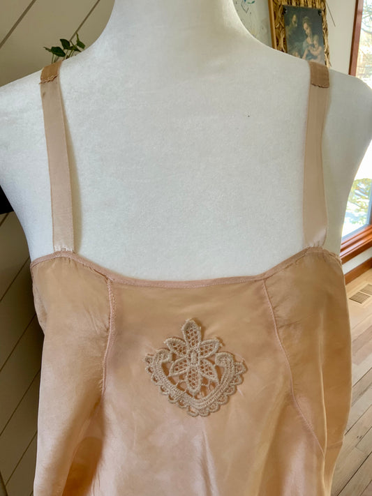 1920s–30s Tea-Dyed Silk Boudoir Teddy | Antique Peach Silk Chemise | Restored Lace Lingerie | Romantic French Style Teddy-20AM