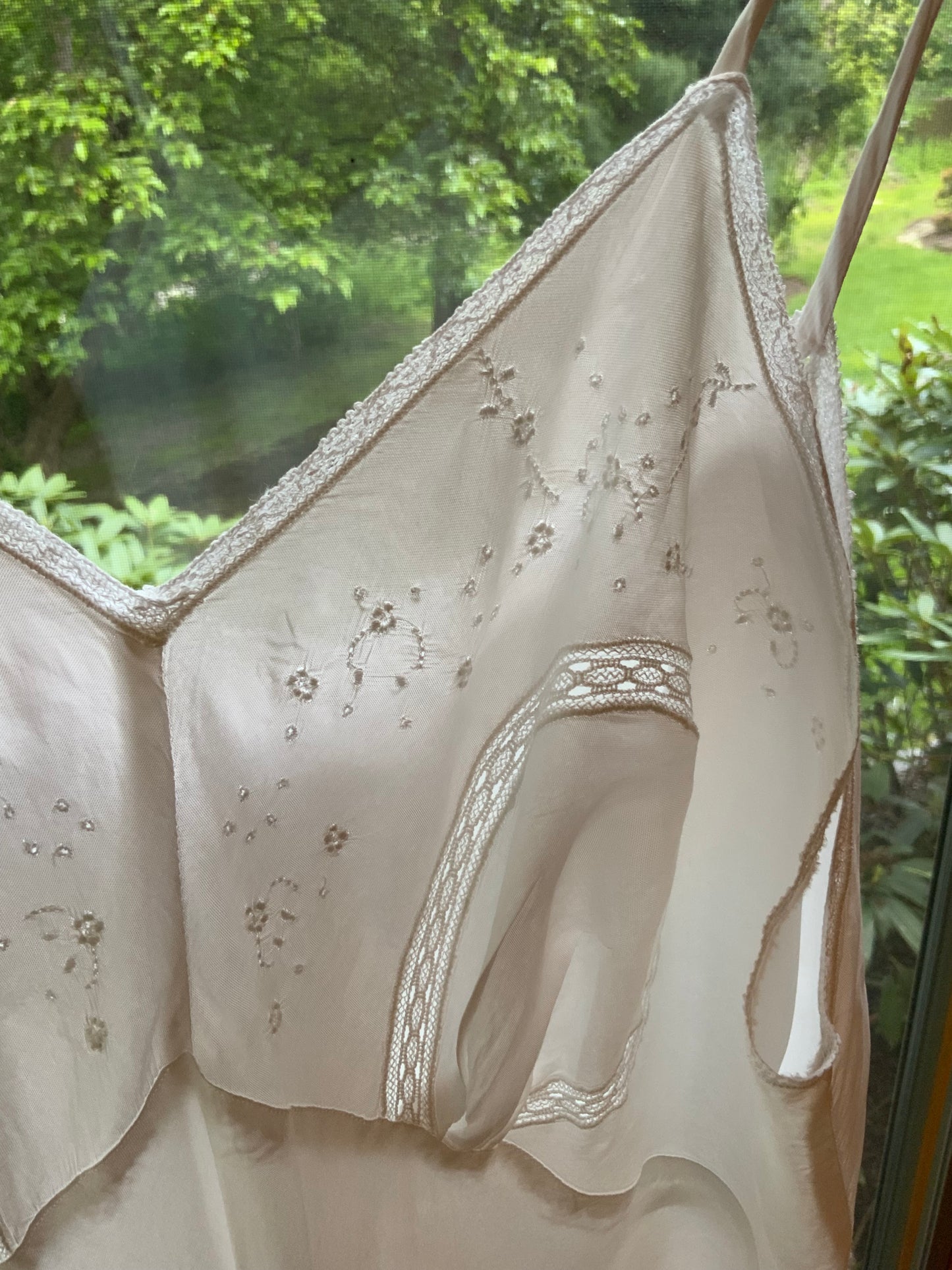 1930s White Satin Nightgown. Embroidered Bias Cut Slip Dress. Bridal Lingerie Gown .30CQ