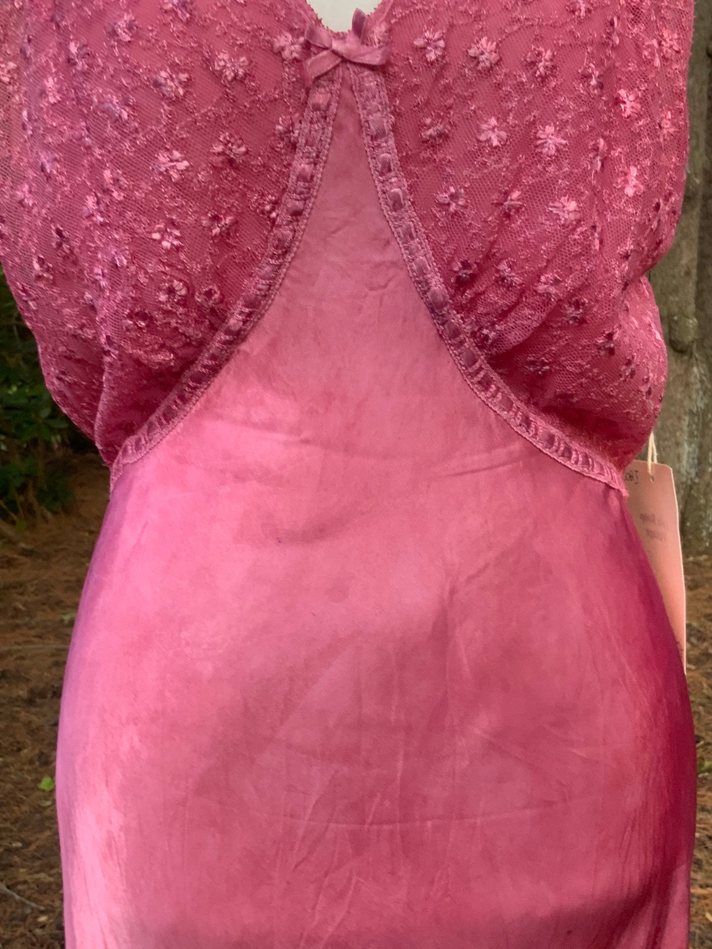 1930s Hand Dyed Pink Satin Nightgown | Floral Lace Nightgown | Bias Cut Boudoir Gown | Romantic Lingerie | Old Hollywood Glamour
-30BJ