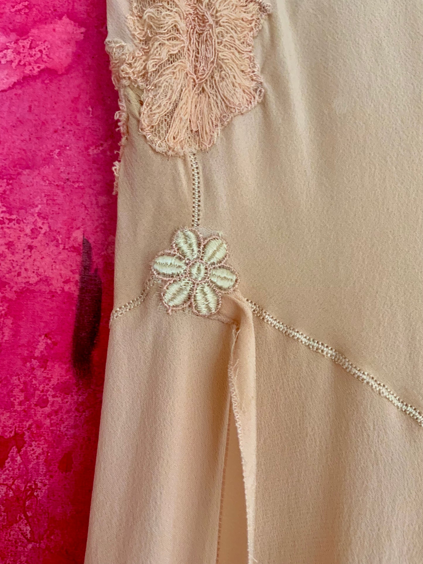 1930s Peach Rayon Nightgown with Art Deco Embroidery & Restored Lace Appliqués – Bias Cut Vintage Lingerie - 30AZ