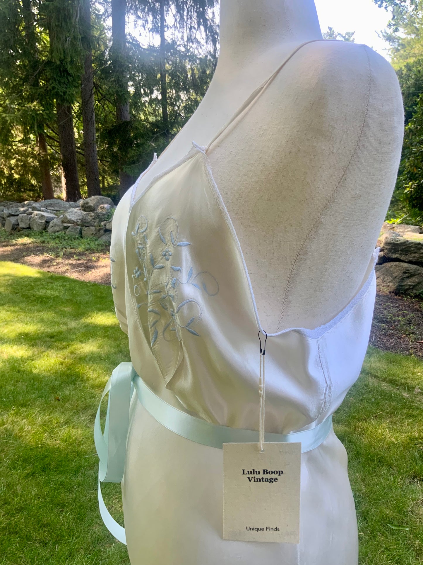 1930s Ivory Silk Satin Embroidered Slip Dress | Blue Floral Boudoir Nightgown | Bias Cut Bridal Lingerie | Old Hollywood Glamour-40AV