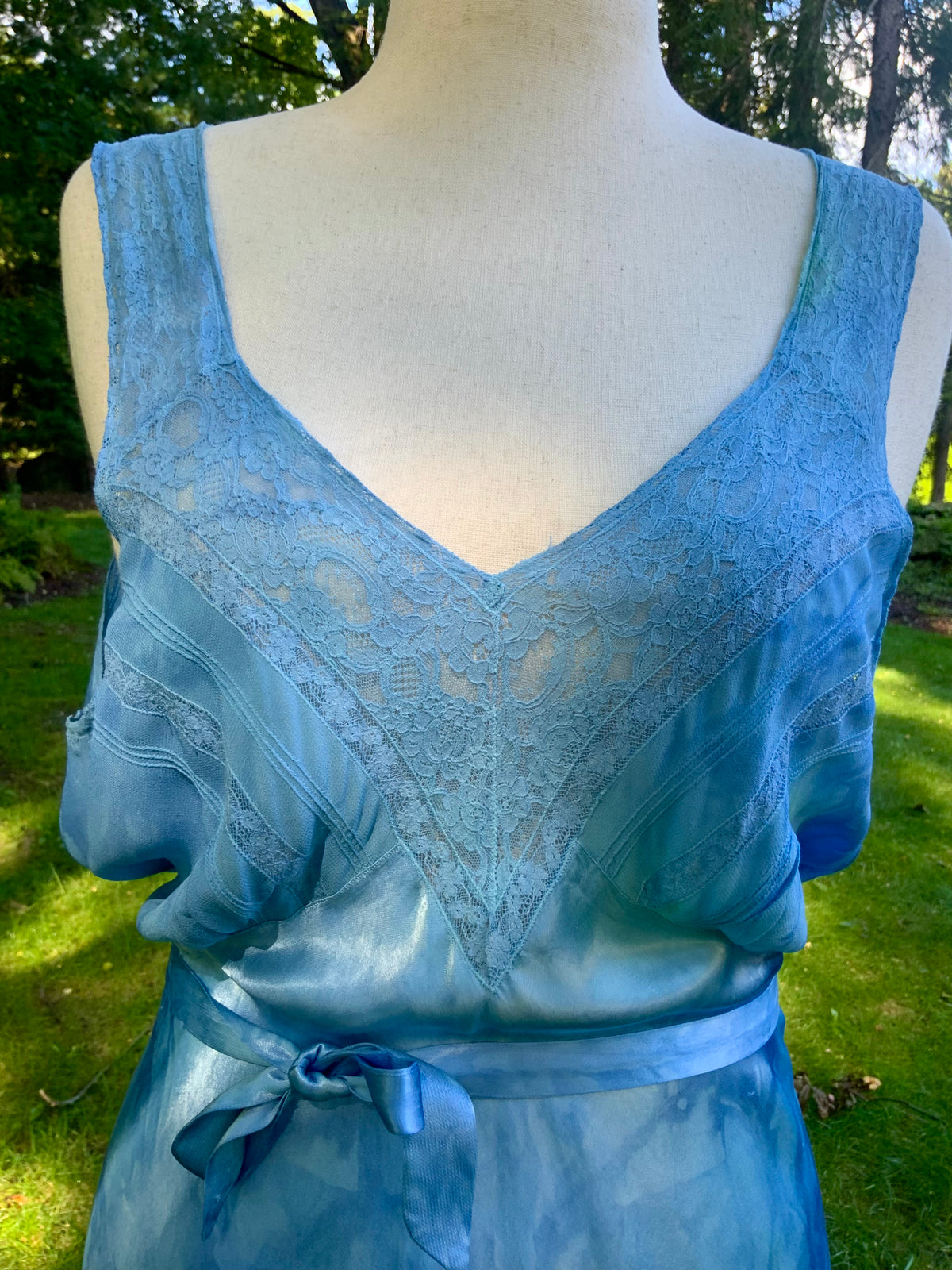1930s Hand Dyed Blue Bias Cut Satin Nightgown with Lace.40BZ