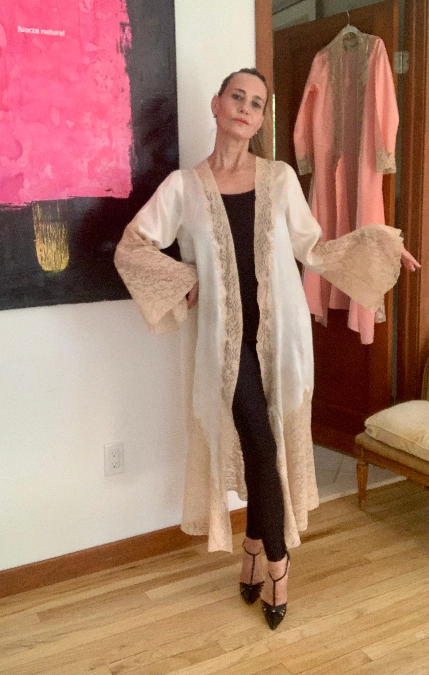 1930s Pure Silk & Lace Robe – Ivory Antique Peignoir with Hand – Luxury Vintage - 30AR