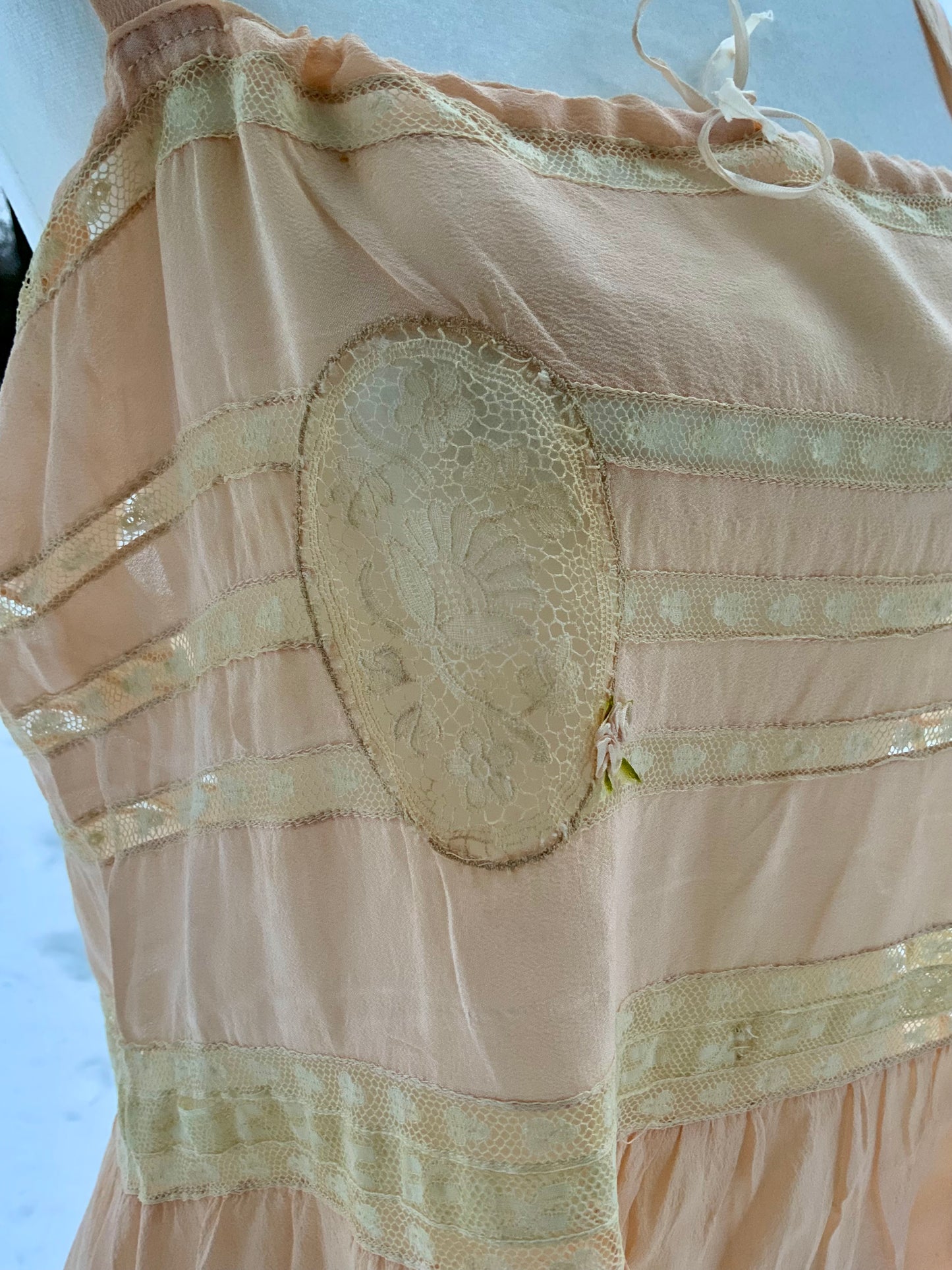 Circa 1912–1918 Blush Pink Silk Chiffon Teddy with Antique Lace – Edwardian Boudoir Lingerie-ED47