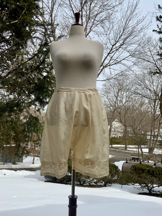 Antique 1910s–1920s Pure Silk Bloomers with Filet Lace Inset | Edwardian Lingerie Drawers-ED57