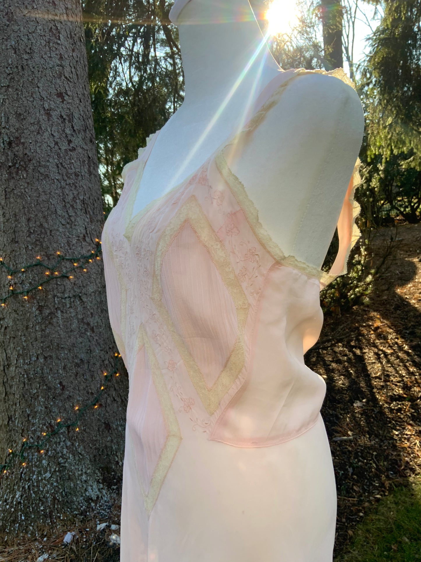 1930s Blush Rayon Nightgown – Art Deco Plissé, Embroidery & Lace - 30AY