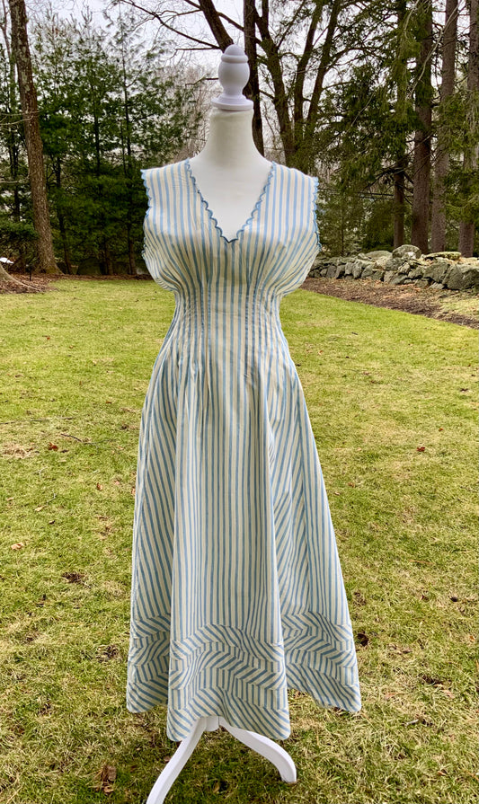 Rare 1915–1922 Edwardian Blue & Ivory Striped Cotton Summer Dress with Chevron Hem-ED42
