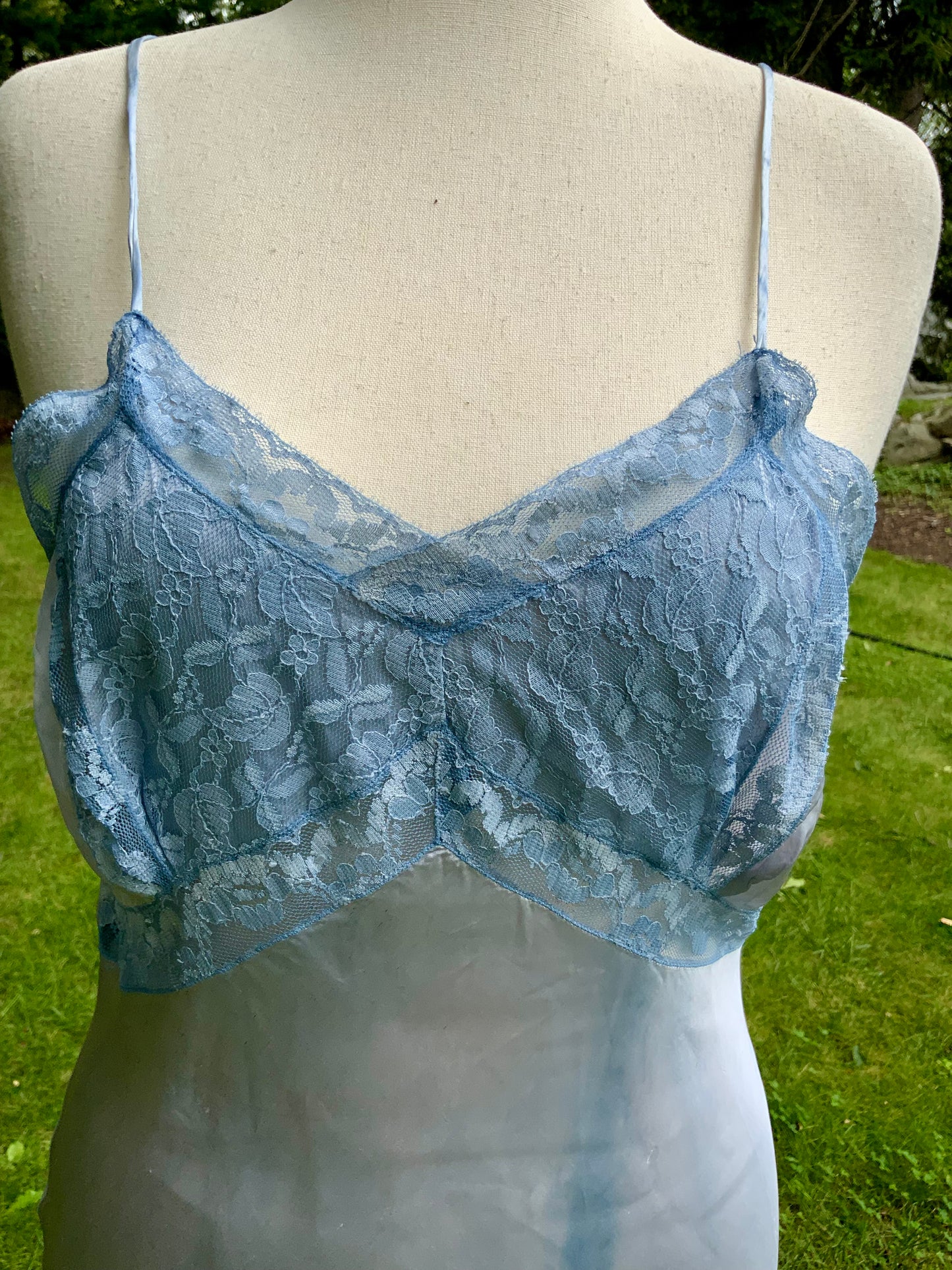 1930s Hand-Dyed Ice Blue Satin and Lace Bias-Cut Full Slip.50BA