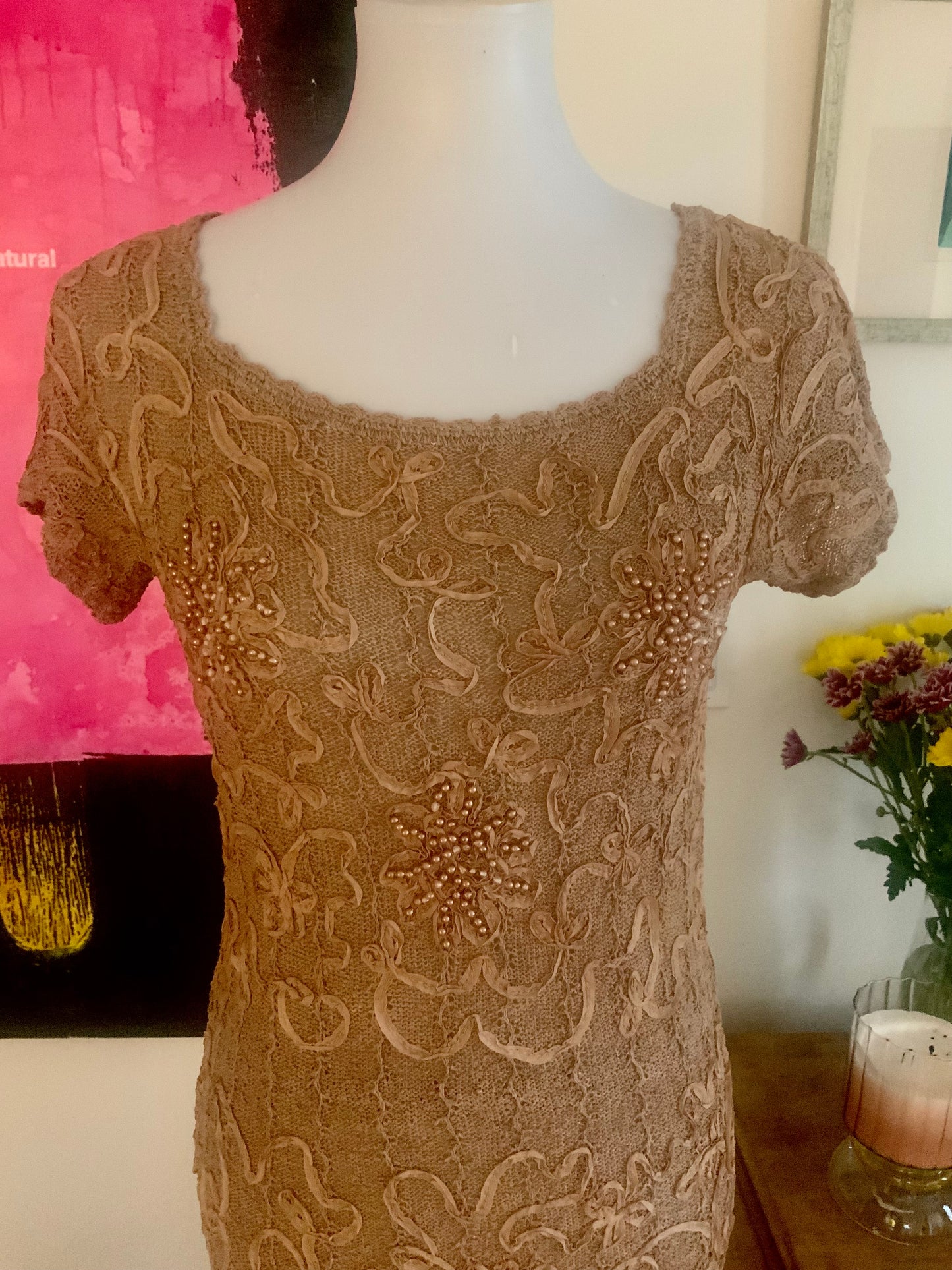 Knitted Dress, Beaded, Soutache Ribbon Embroidery - 30s