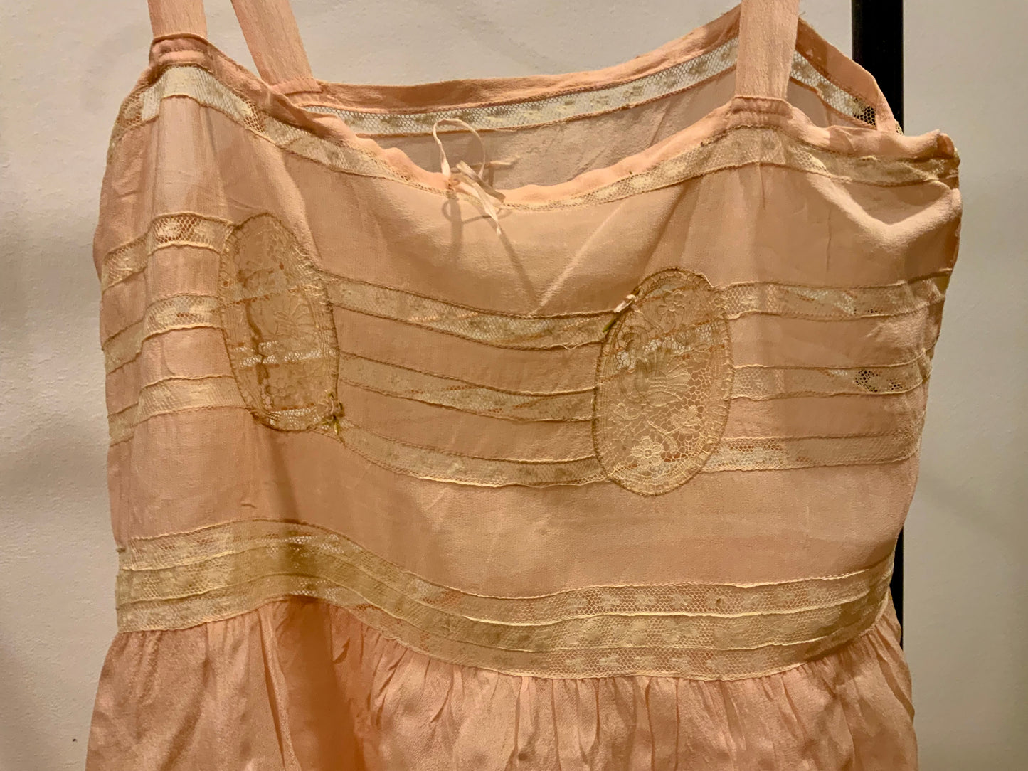 Circa 1912–1918 Blush Pink Silk Chiffon Teddy with Antique Lace – Edwardian Boudoir Lingerie-ED47