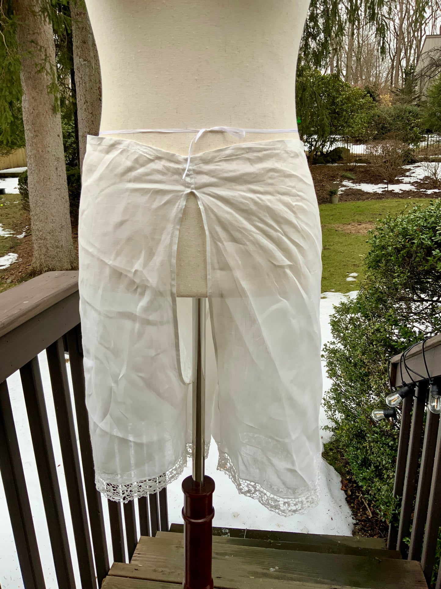 Antique Edwardian Split Bloomers with Hand Embroidered Birds & Monogram – Lace Trim Cotton Batiste Drawers c.1905–1915