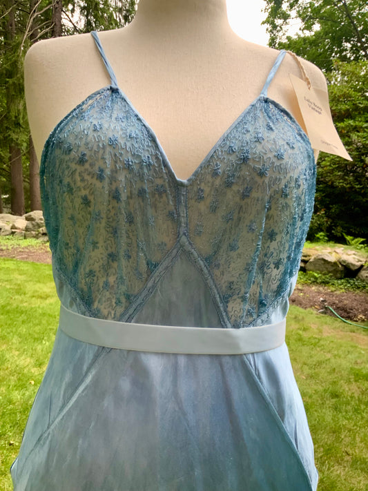 1930s early 40s Hand Dyed Blue Satin Slip Dress | Embroidered Sheer Bodice | Bias Cut Vintage Inspired Lingerie Dress | One of a Kind-40BH