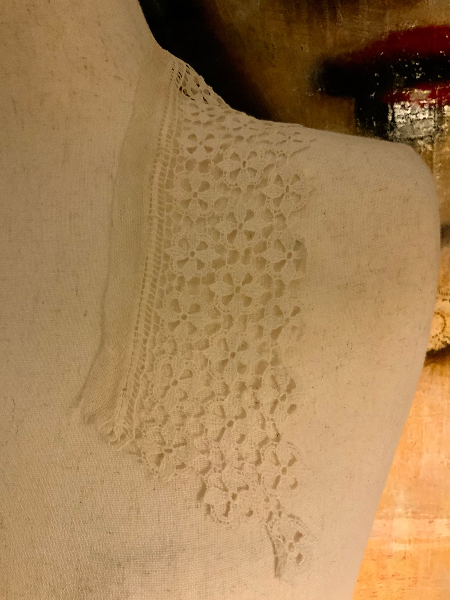 Antique lace collar or trim with delicate floral pattern, ideal for styling, layering, or textile restoration projects.