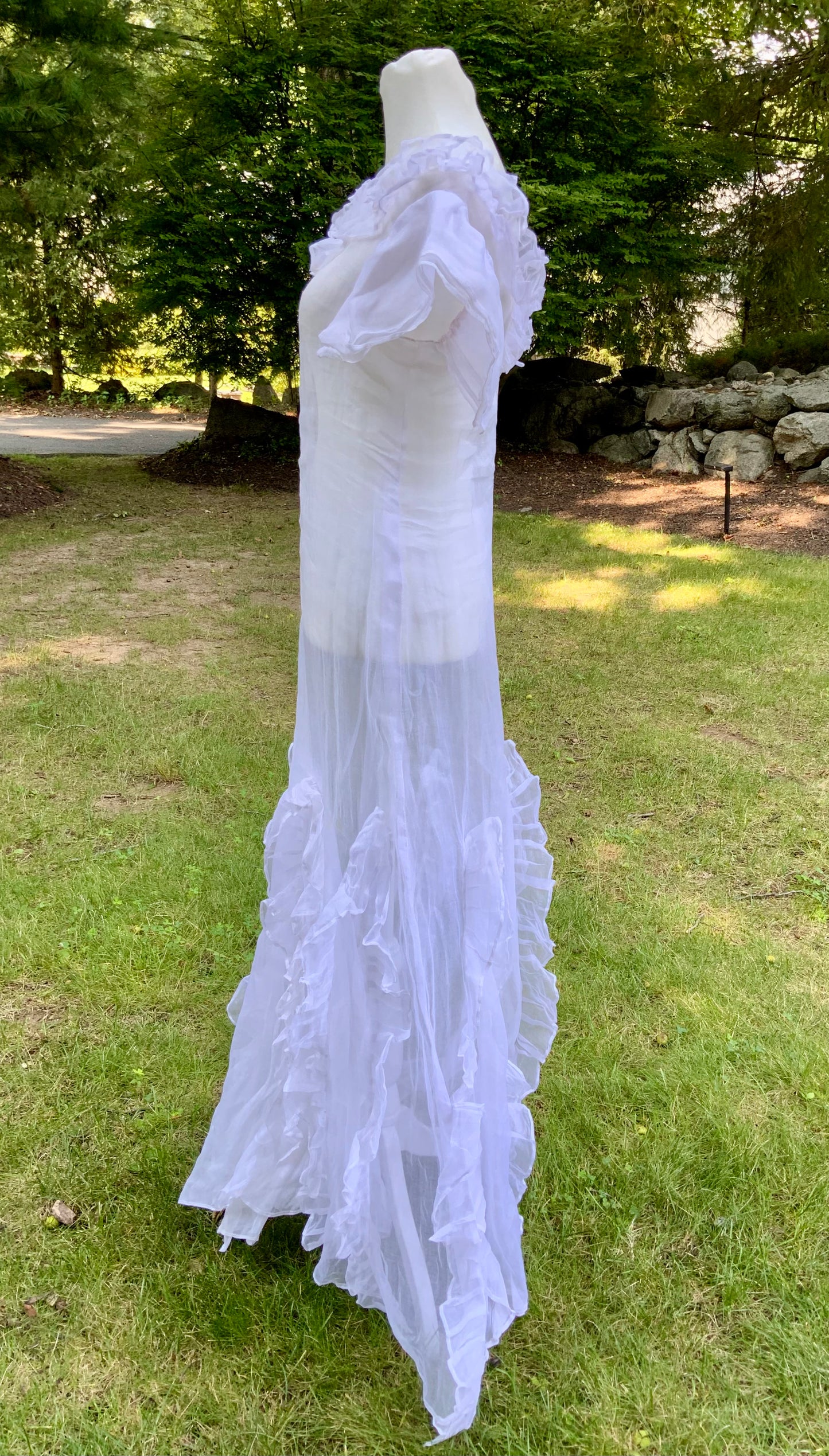 Rare 1930s White Organza Evening Gown.Ethereal Ruffle Hem Formal Dress. Romantic Bridal Gown-30DO