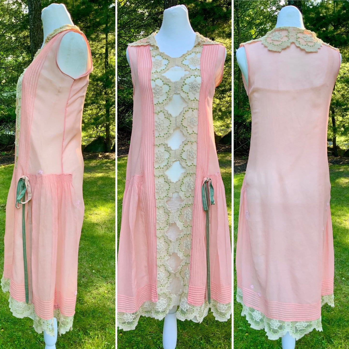 Rare 1920s Silk Chiffon Flapper Dress Art Deco Lace Dress Original Silk Slip Antique Pink Dress Vintage Restored with Vintage Appliqués. 20AS