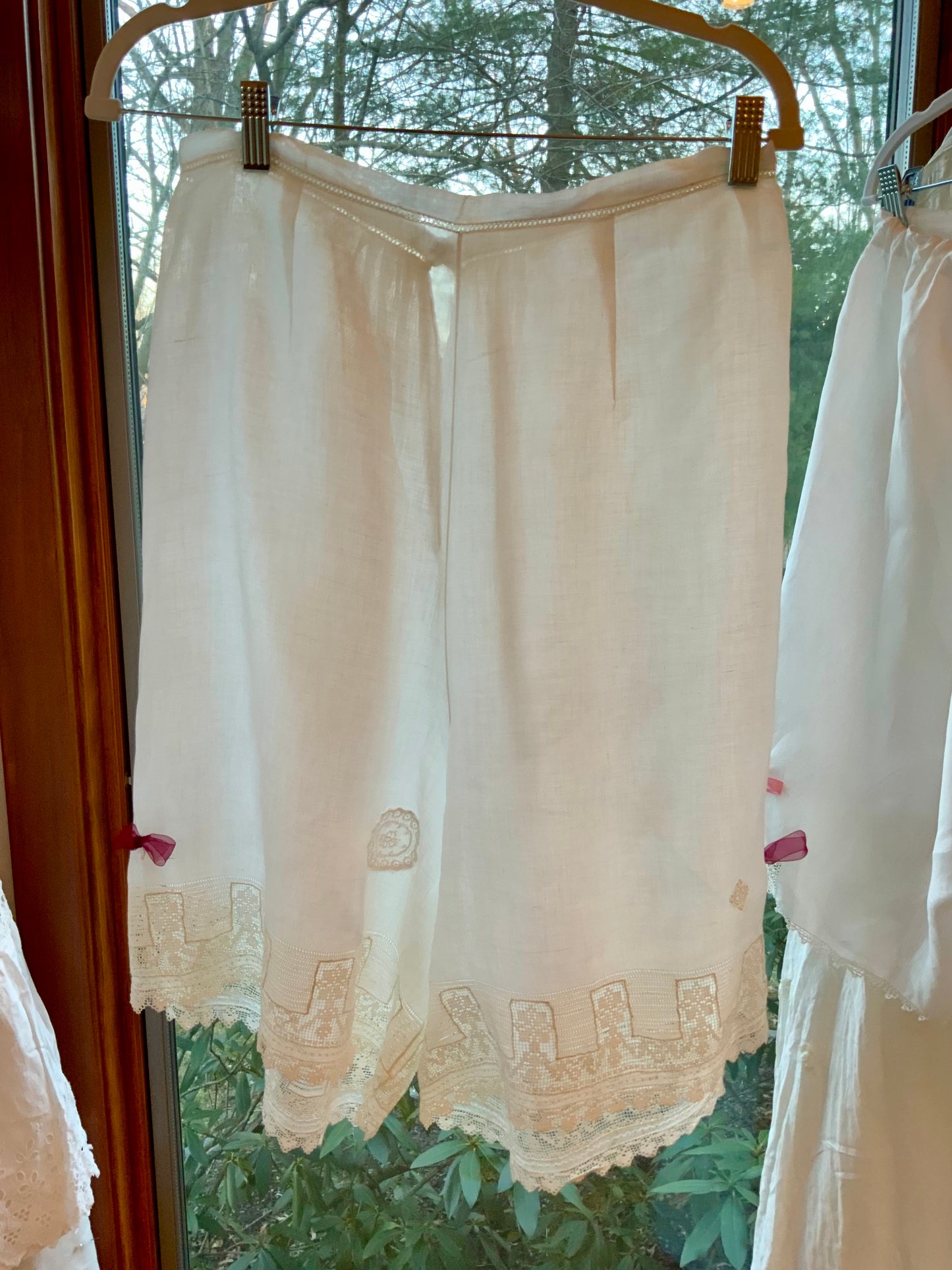 Antique Edwardian Cotton Bloomers c.1905–1915 | Filet Lace Ribbon Hem | Hand Monogram “AB” | Split Drawers Lingerie-ED69