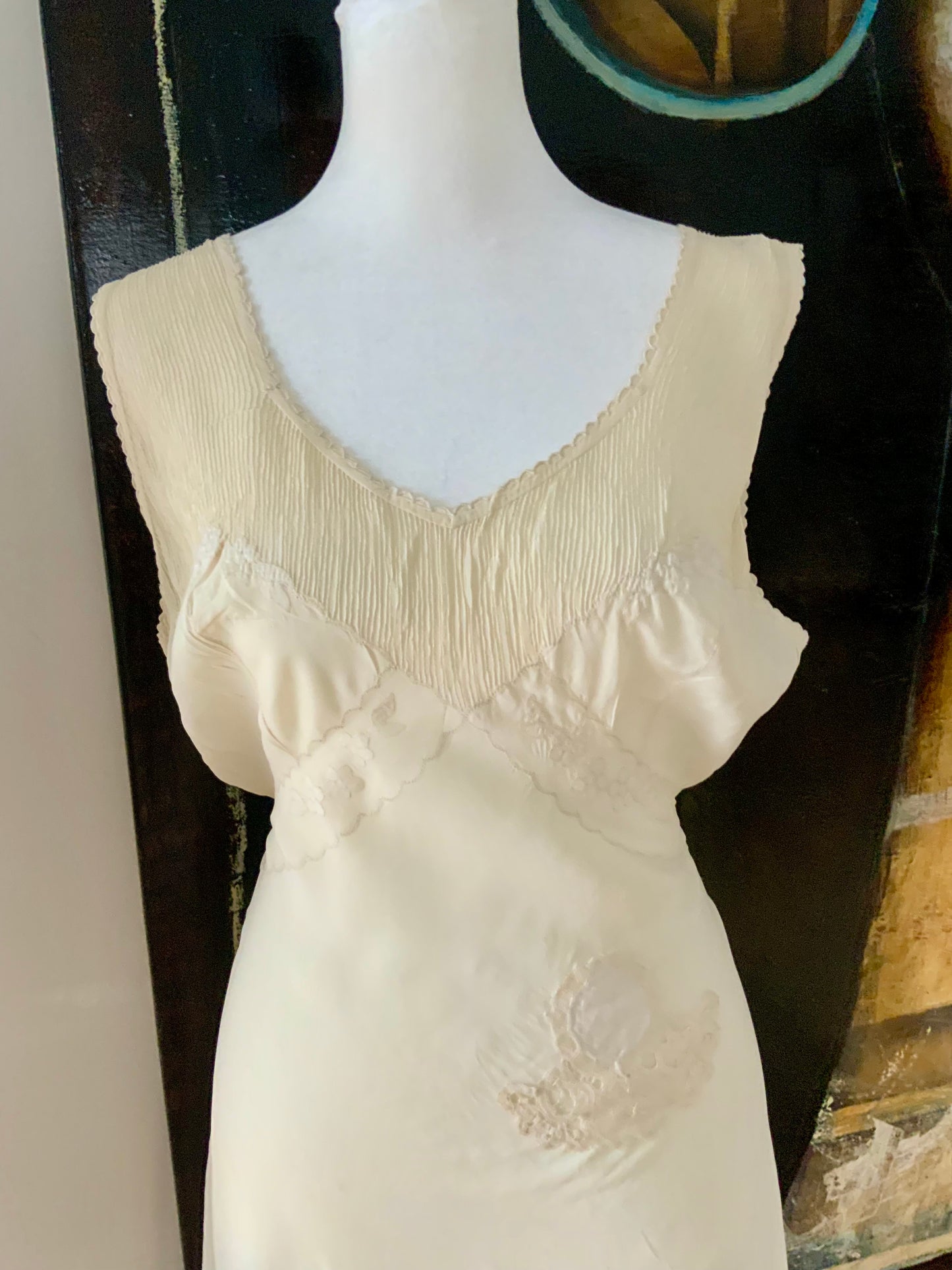 Antique 1930s–40s Pure Silk Nightgown — Ivory Bias Cut Slip Dress with Pintucks & Embroidery-40AT
