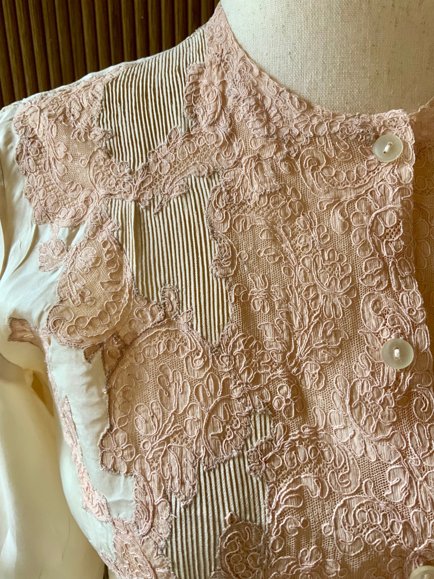 1930s Silk Blouse with Blush Lace Appliqué – Sheer Antique Chiffon Top, Romantic Lingerie Style, Bridal Boudoir Vintage-30BG