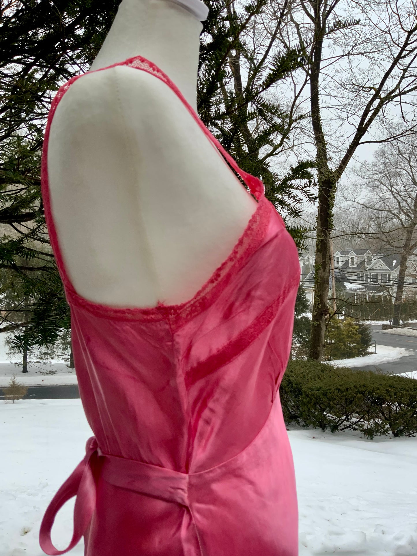 Authentic 1930s 1940s Bias Cut Satin Nightgown | Hand Dyed Coral Pink | Original Belt | Vintage Dress - 40AB