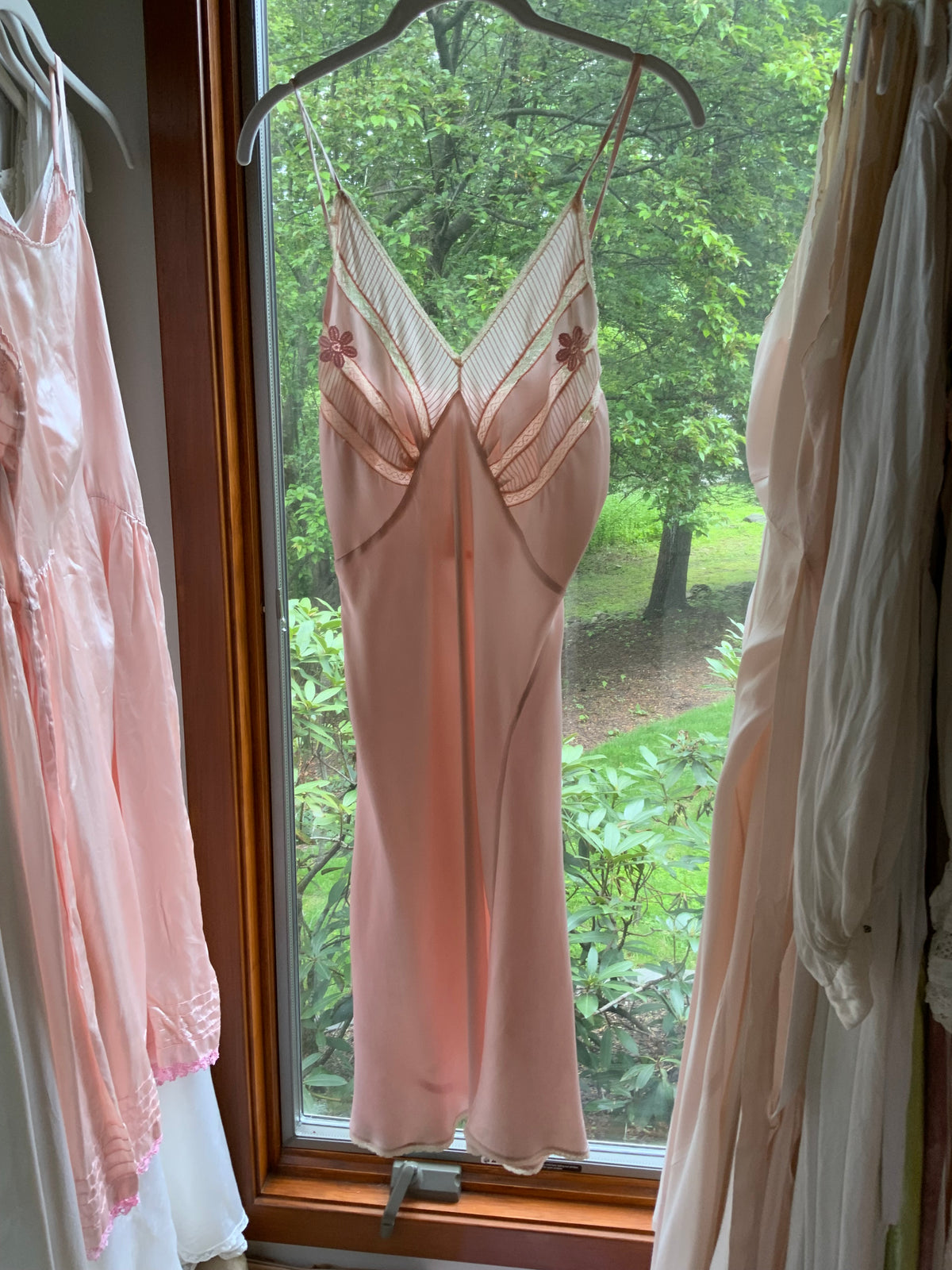 1930s Blush Pink Satin Bias Cut Slip Dress with Pleated Trim.30CN