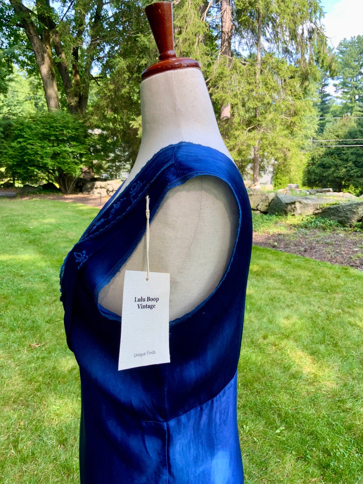 1930s Hand-Dyed Indigo Silk Slip Dress with Batik Resist Dye | OOAK
-40BN