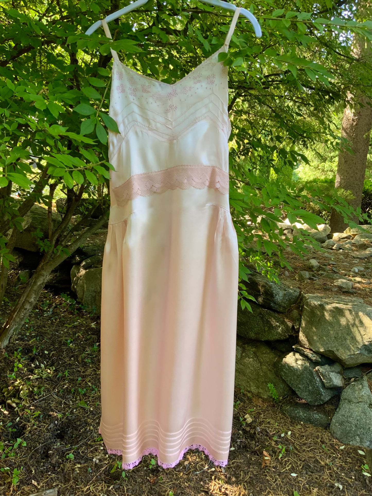 Rare 1930s Blush Pink Satin Boudoir Gown with Embroidery & Ribbon Sash-30DA