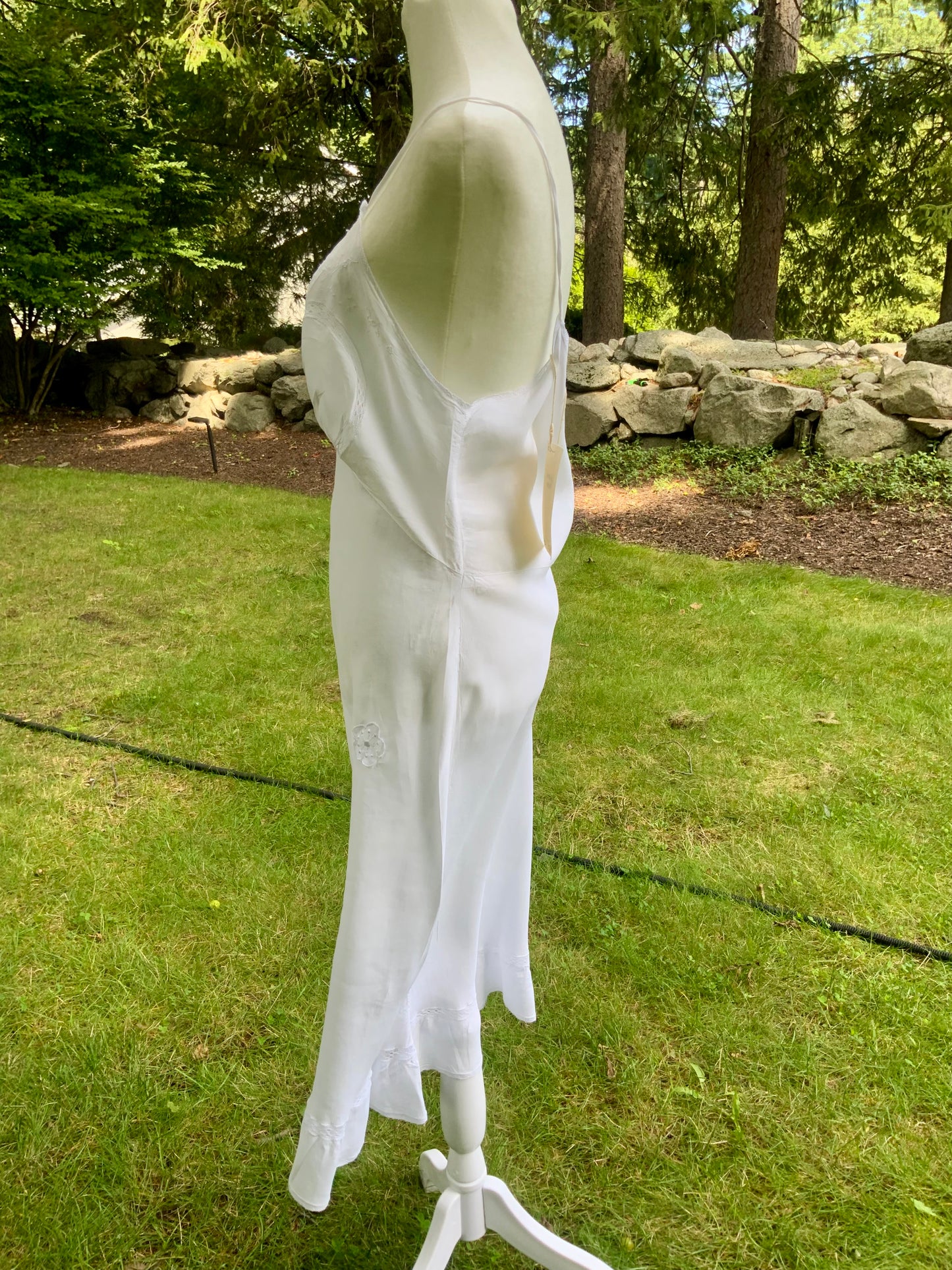 1930s White Satin Nightgown. Embroidered Bias Cut Slip Dress. Bridal Lingerie Gown .30CQ