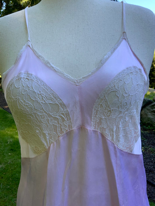 1930s Pink Satin Slip Dress with Lace and Chiffon Ruffle.30CJ