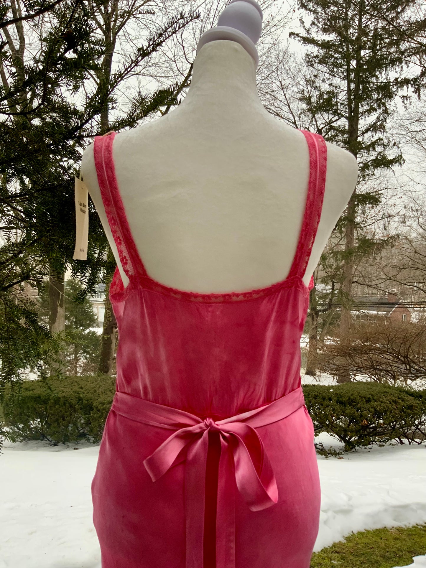 Authentic 1930s 1940s Bias Cut Satin Nightgown | Hand Dyed Coral Pink | Original Belt | Vintage Dress - 40AB