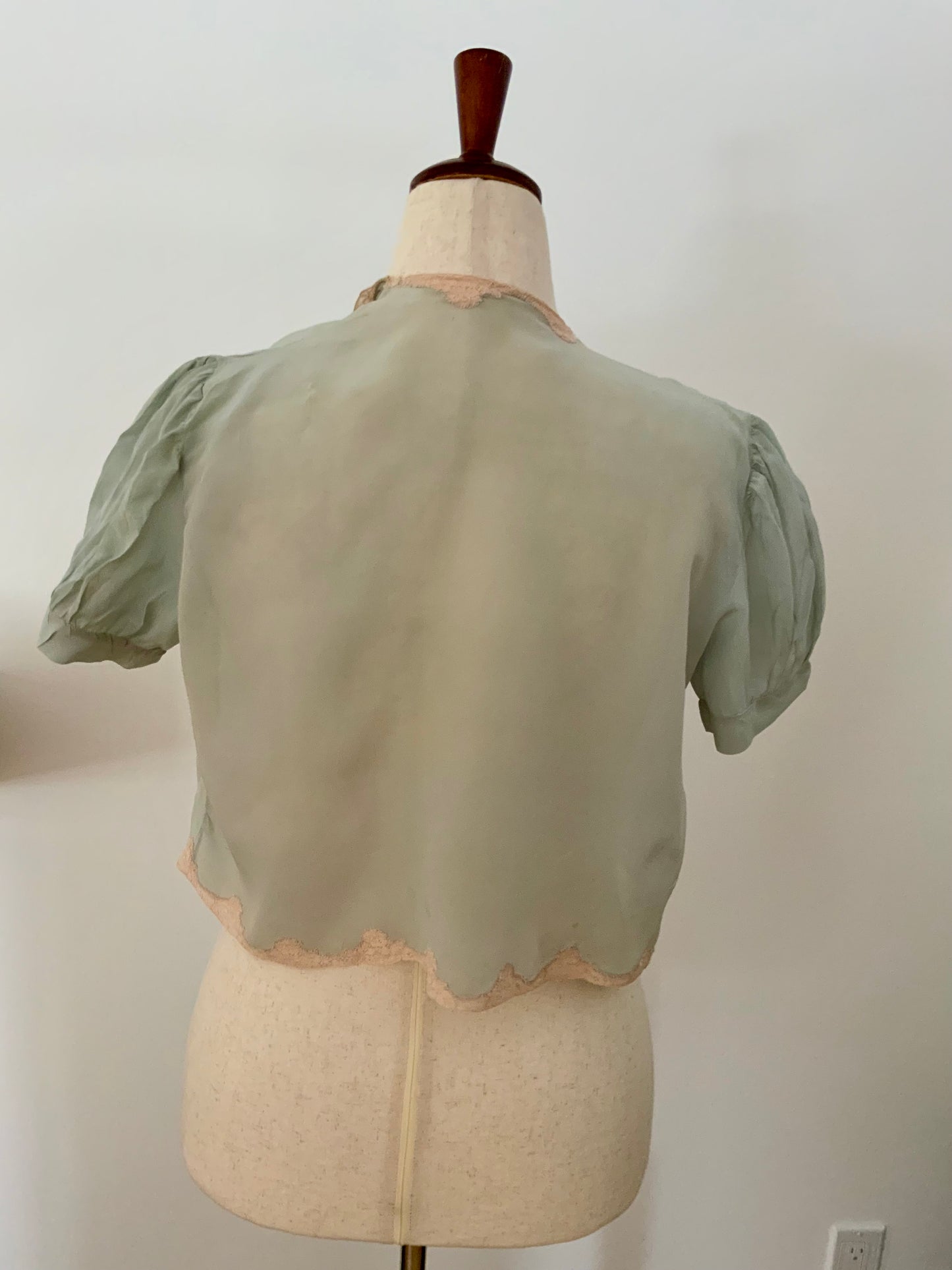 1930s Seafoam Silk Chiffon Bed Jacket with Blush Lace | Antique Boudoir Blouse-30BC