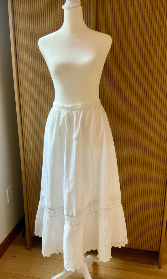 Edwardian White Cotton Petticoat Skirt with Lace Trim | Antique 1910s Tiered Underskirt | Hand Restored-ED76