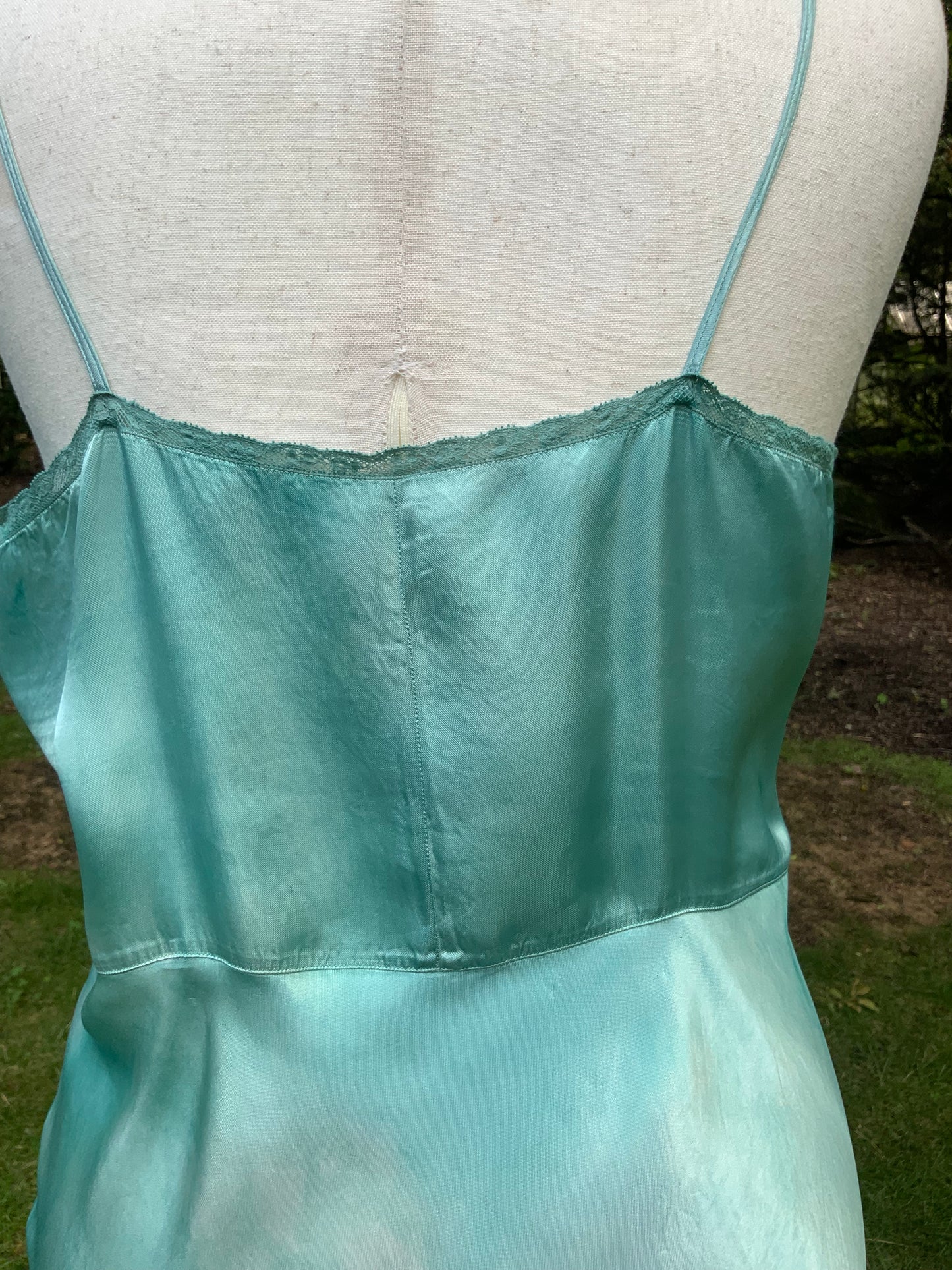 1930s Hand-Dyed Aqua Satin Slip Dress. Embroidered Bias Cut Slip with Sash.40CB