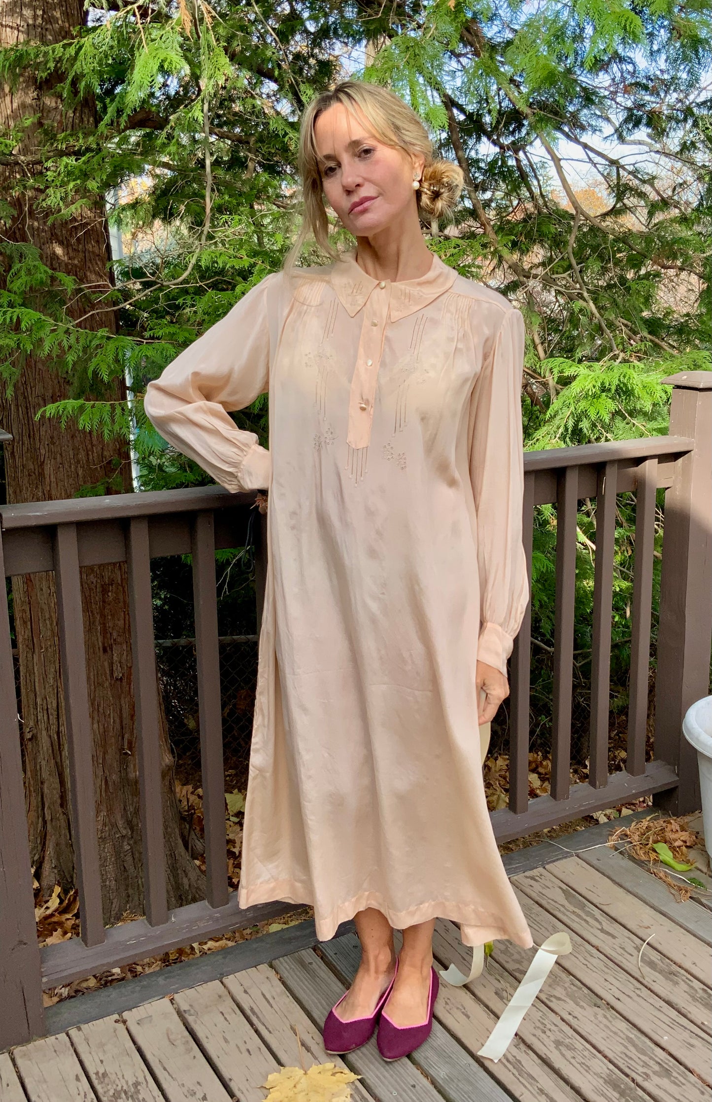 Long Sleeve Silk Nightgown Embroidered - 20s