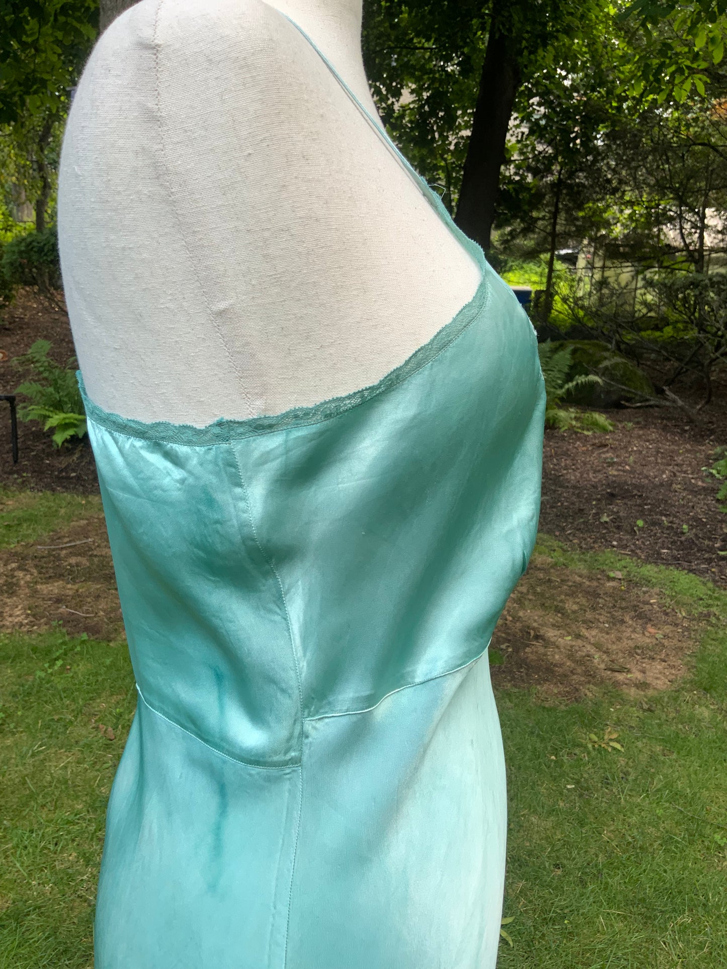 1930s Hand-Dyed Aqua Satin Slip Dress. Embroidered Bias Cut Slip with Sash.40CB